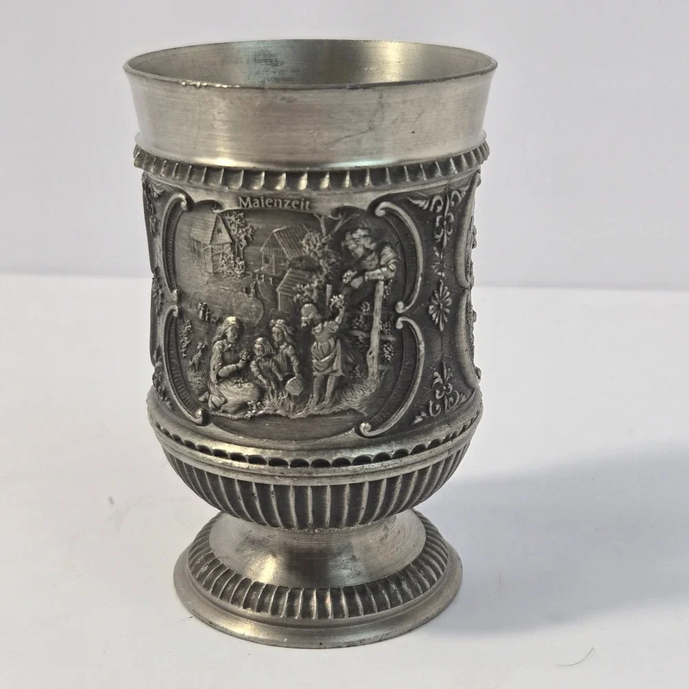 SKS Zinn 95% Pewter Cup Vintage German Relief Scenes Maienzeit Wanderschaft 4